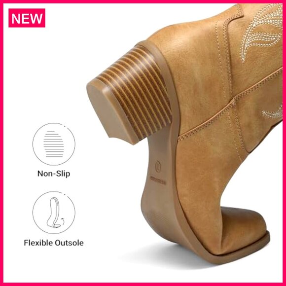 Women's Knee High Cowboy Boots Chunky Heel Square Toe Embroidered Western - Picture 7 of 8